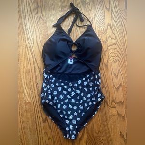 ACX daisy one piece halter cut out bathing suit